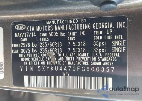 2015 Kia Sorento Ex V6 z USA, uszkodzony, nr VIN 5XYKU4A70FG600357